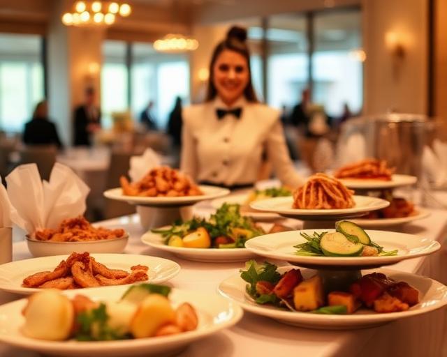 Plated catering dishes arranged on a table at an event