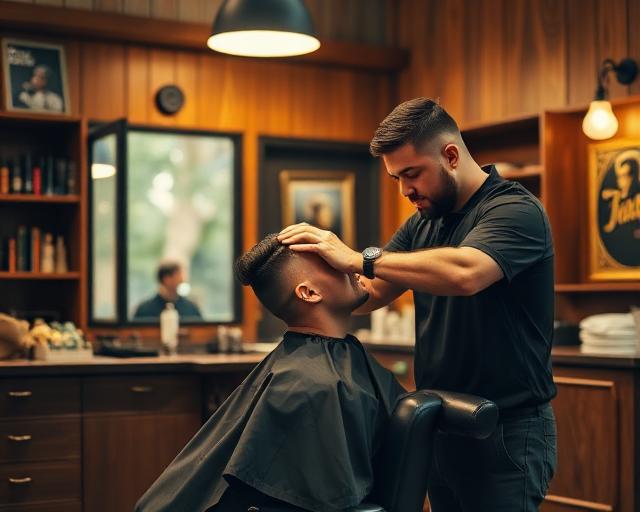 A barber giving a haircut inside a warm wood-panelled barbershop