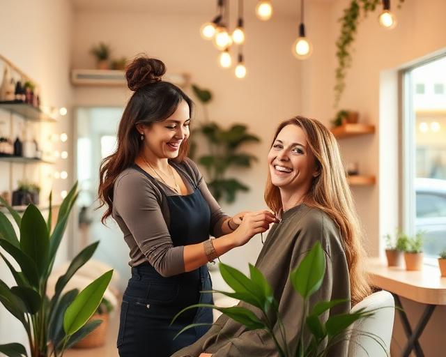 A stylist working with a smiling client in a bright beauty salon