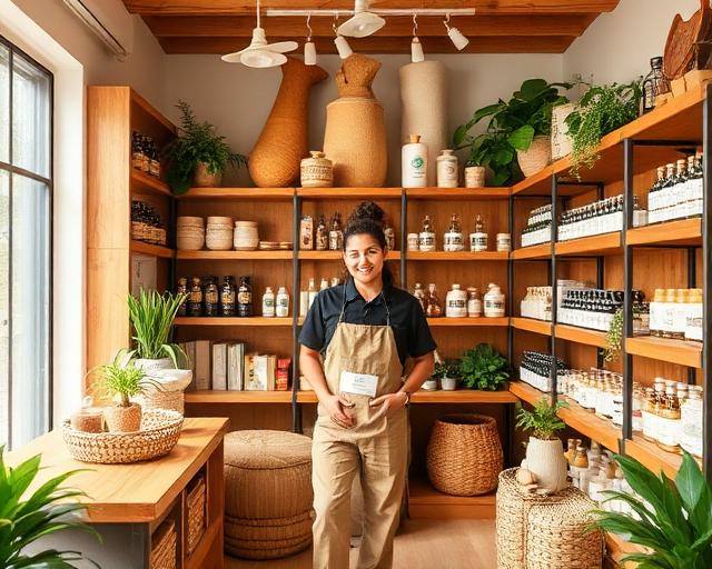A wellness shop owner standing among shelves of natural products