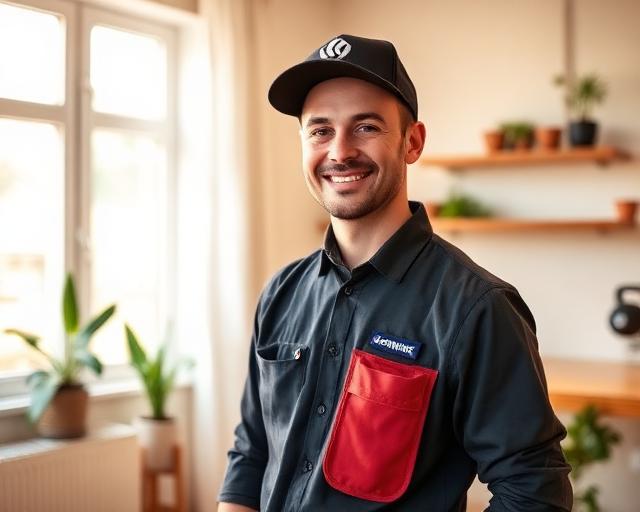 A home services technician smiling inside a bright home