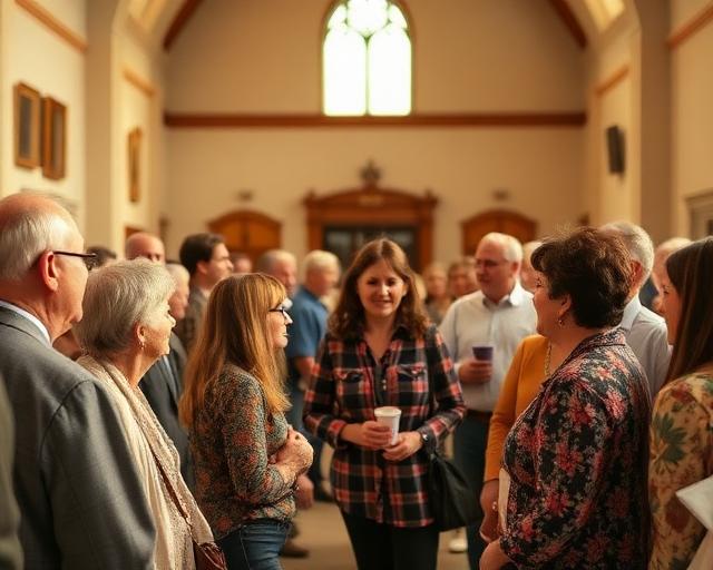 A diverse congregation talking together after a service