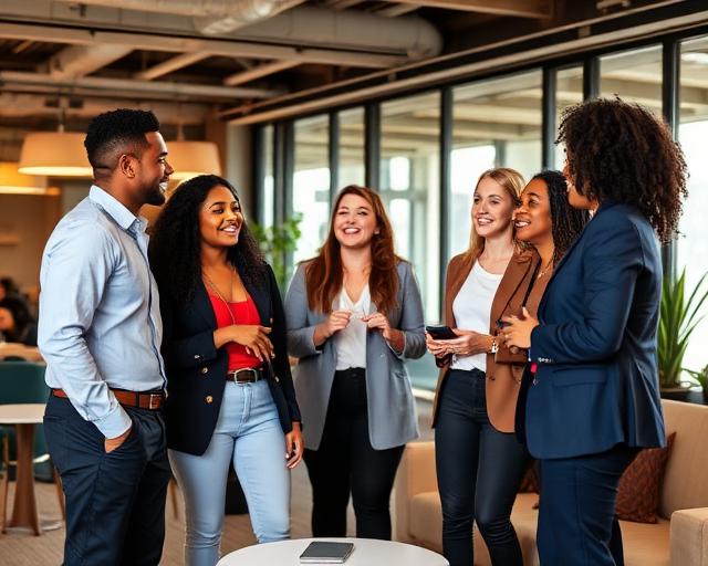 Young professionals networking in a modern office lounge