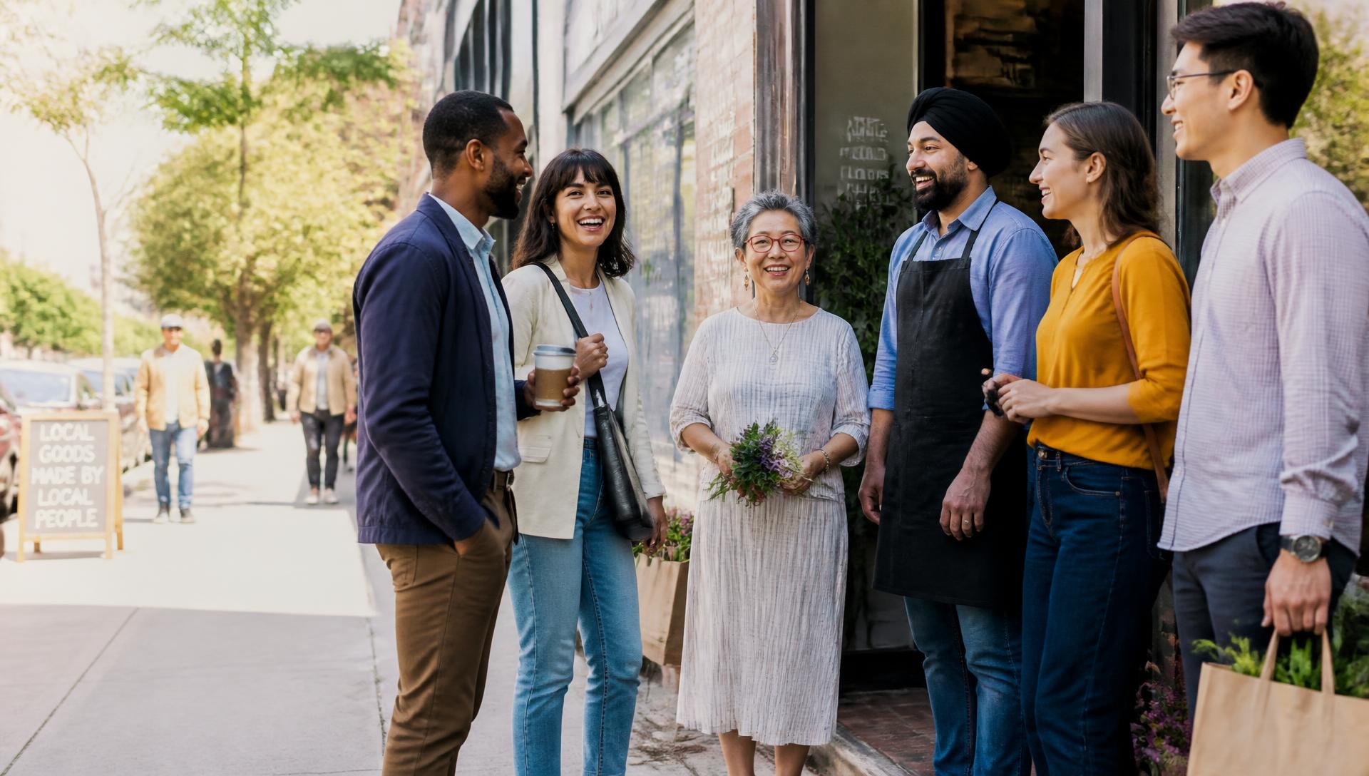 Neighbors and local business owners from many backgrounds talking and laughing together